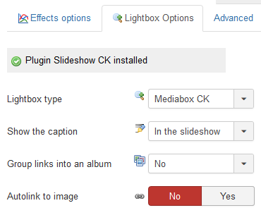 lightbox options slideshow joomla