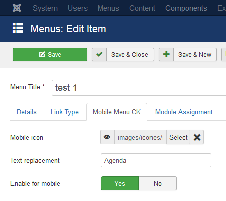 mobile menu menuitem options
