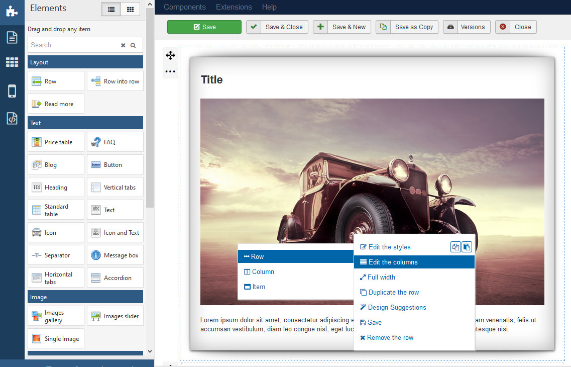 page builder joomla context menu